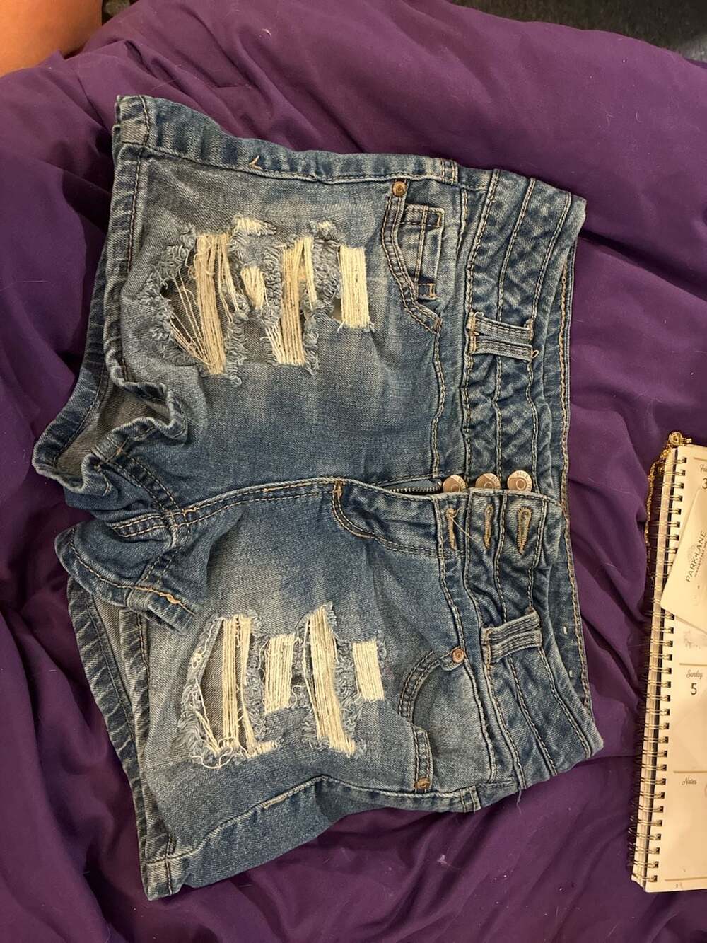 Blue Spice Women's High-Rise Three-Button Distressed Denim Shorts